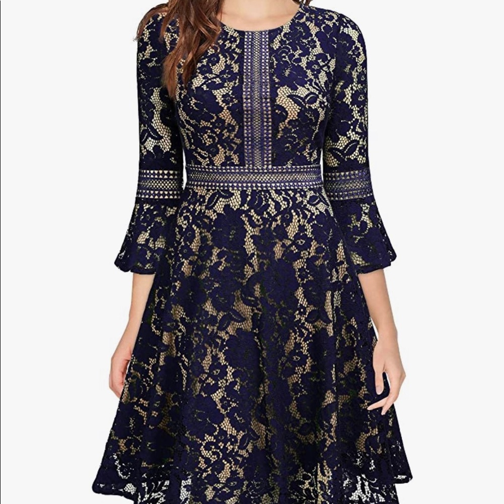 Women's Vintage Full Lace Contrast Flare Sleeve Big Swing A-Line Dress - Navy